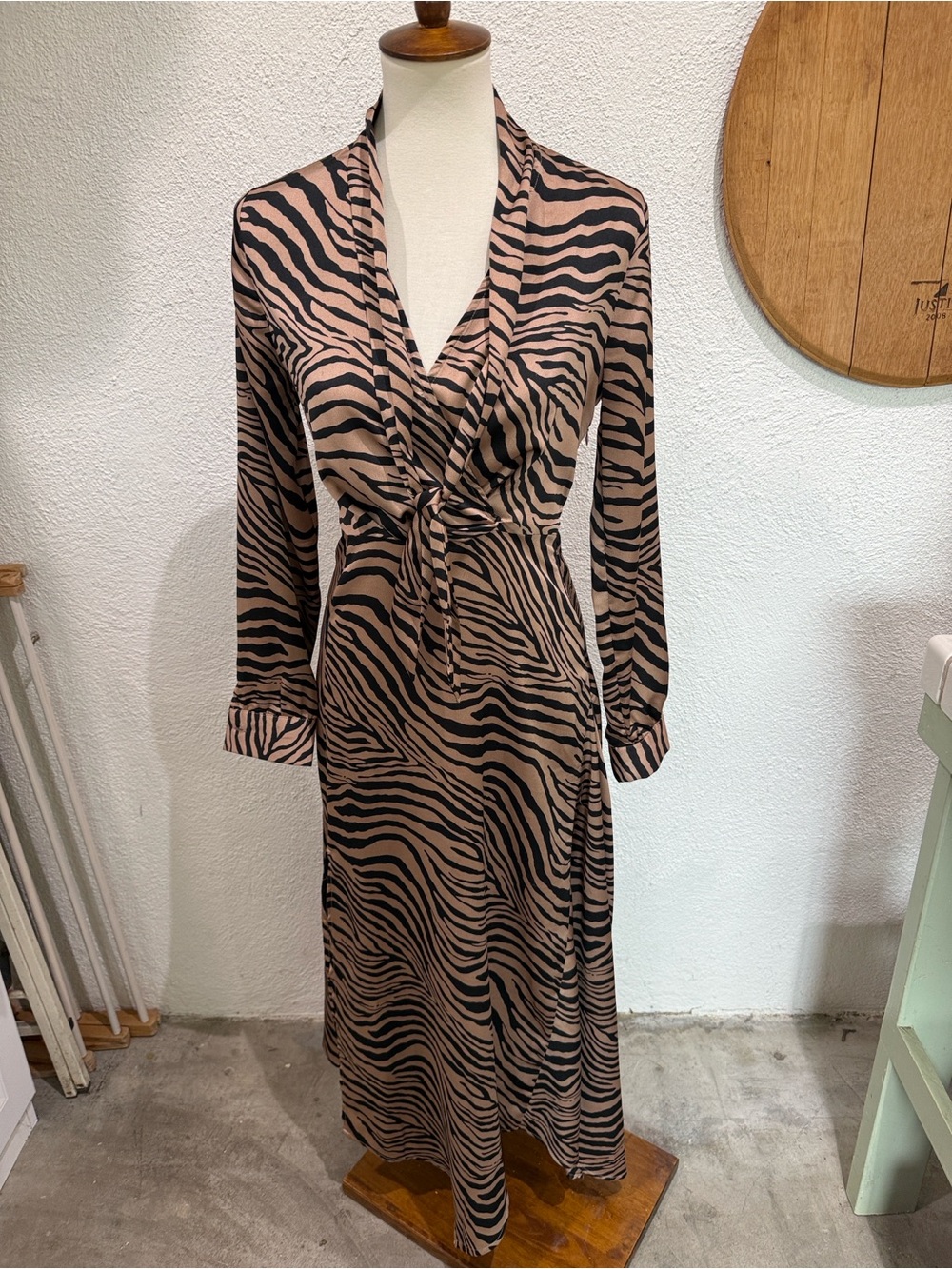Tan and Black Zebra Wrap-Style Women's Dress